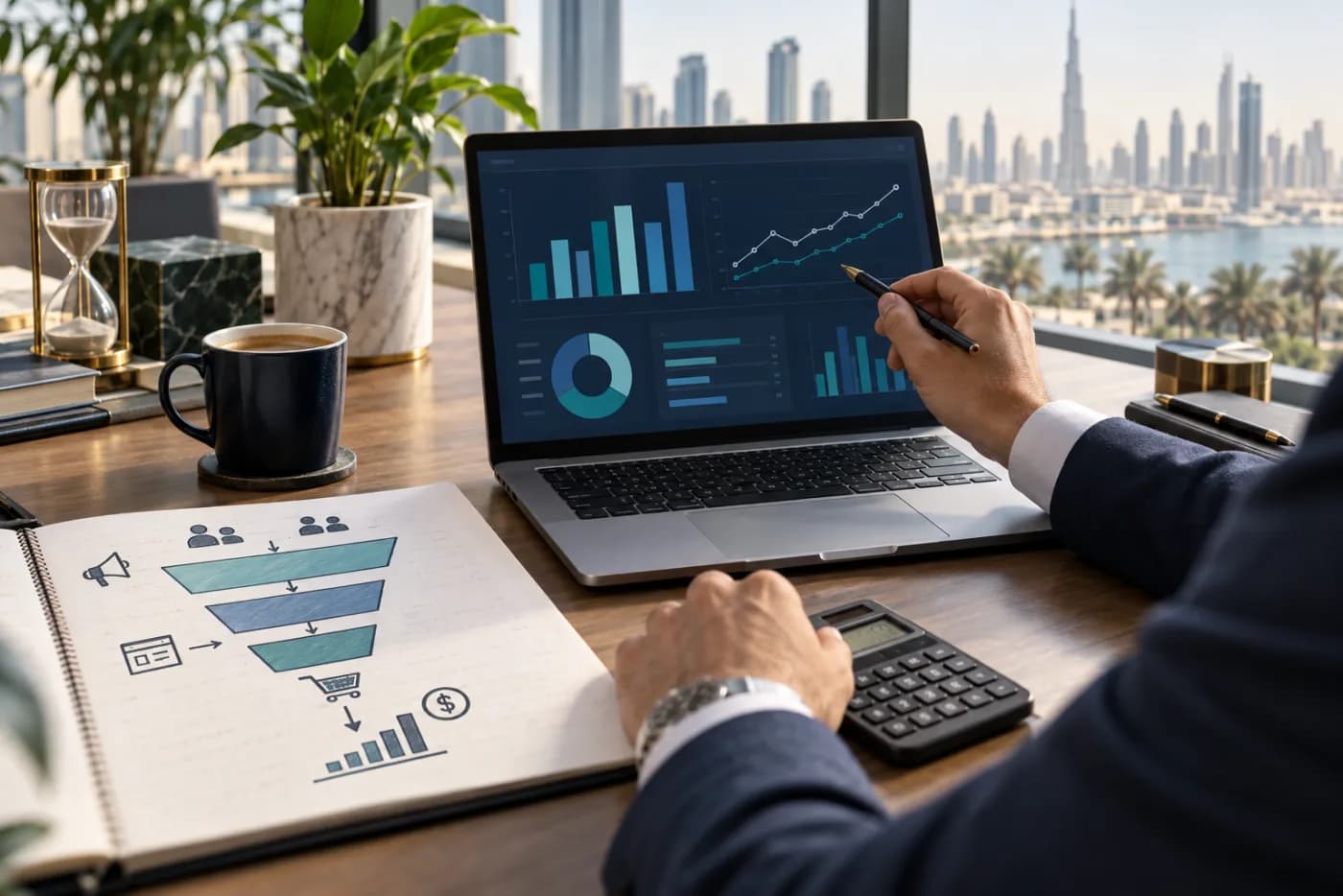 Campaign performance dashboard beside a customer journey funnel