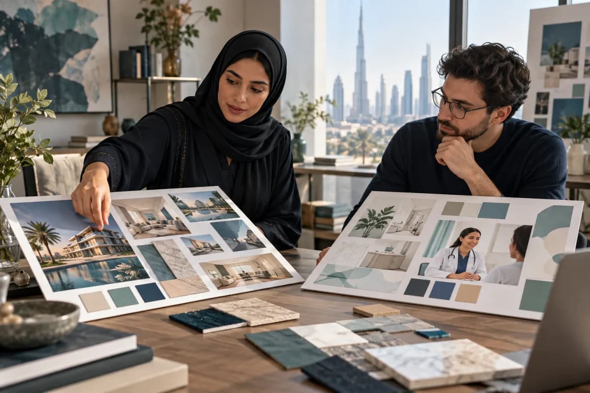 Creative team comparing real estate and clinic campaign storyboards