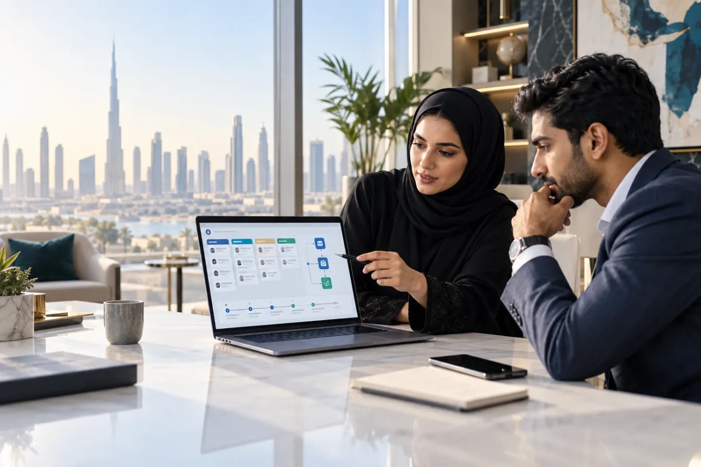 Dubai team reviewing a CRM lead pipeline and follow-up workflow