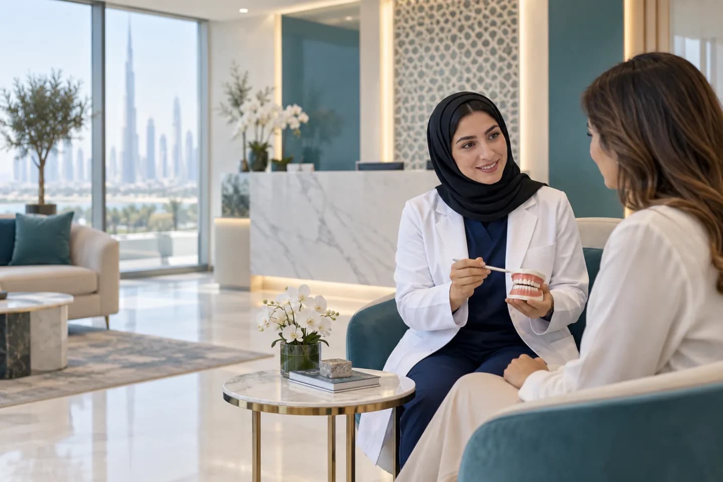 Dubai dentist speaking with a patient in a welcoming clinic