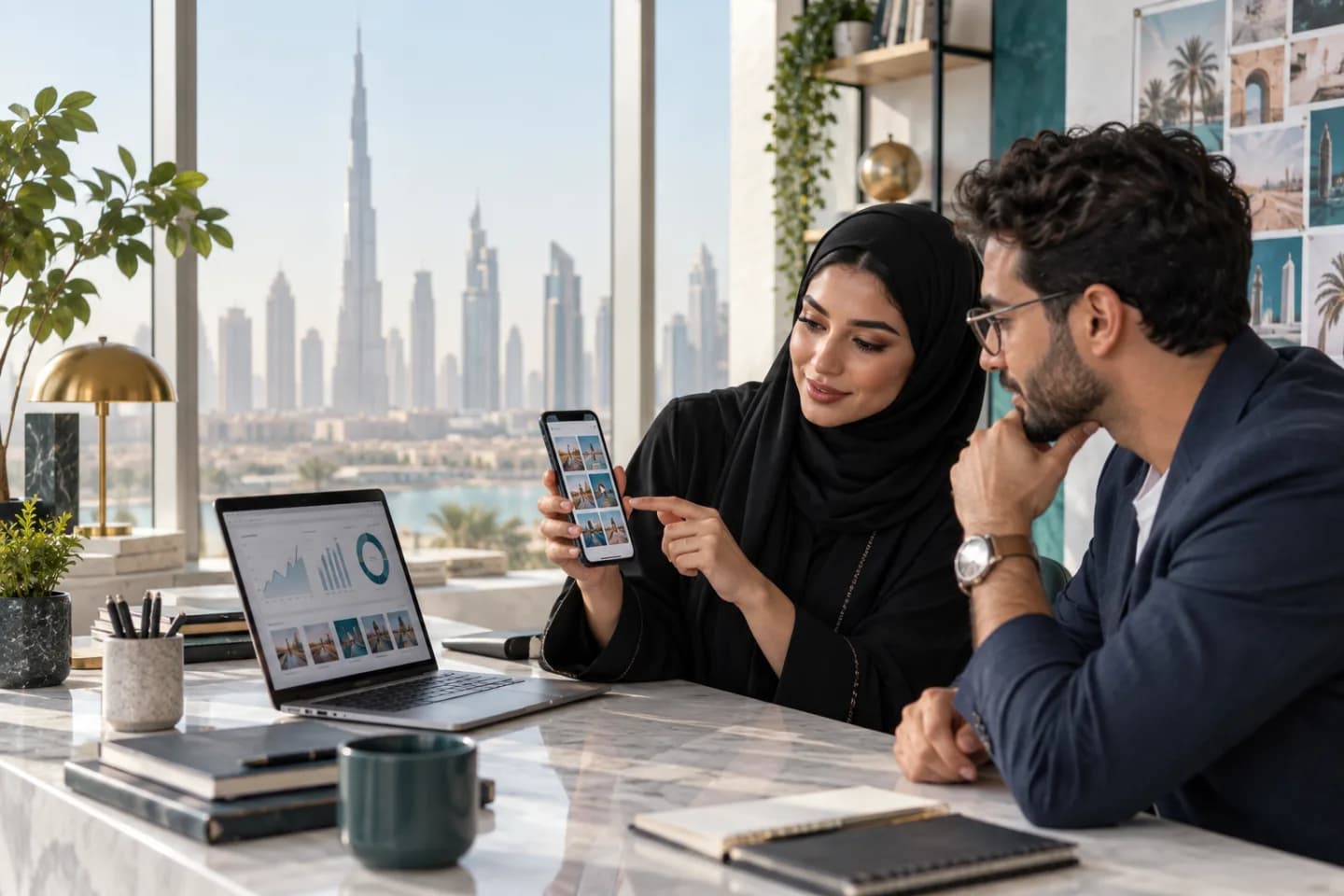 Dubai social media strategists reviewing a campaign on mobile