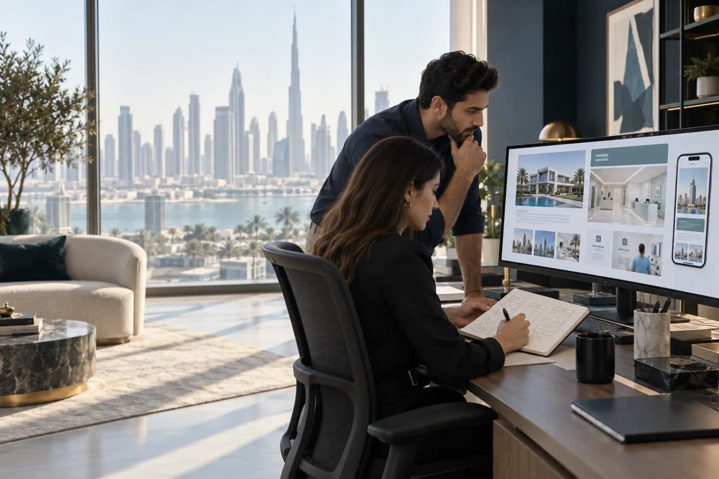 Dubai web designers reviewing a responsive website together
